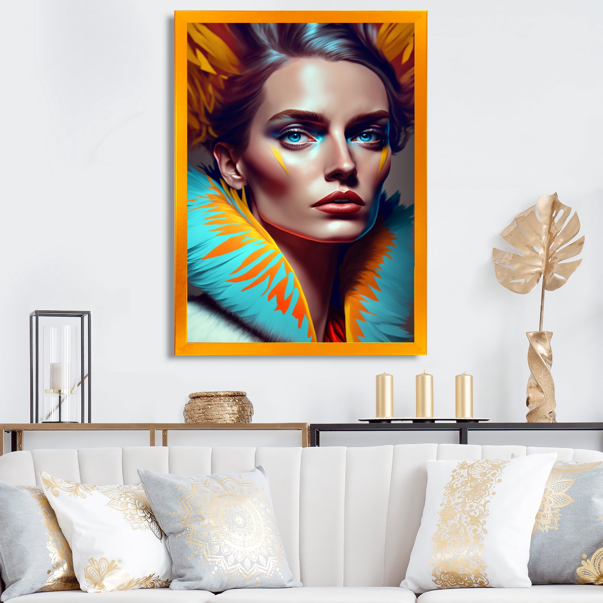 Designart Colorful Sensual Woman In Fur Coat II Framed Wall Art