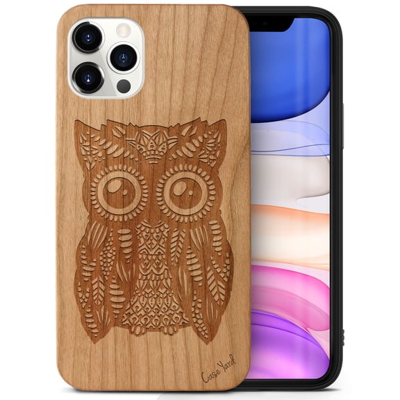 Case Yard Wooden Case Outside Soft TPU Silicone, Slim Fit Shockproof Wood Protective Phone Cover for Girls Boys Men and Women, Supports Wireless Charging Great Owl Design case for iPhone-12/12-Pro