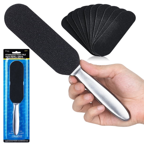 FELTECHELECTR Lima de acero inoxidable para pies con piedra pómez y removedor de callos (producto + 10 tiras de gasa verde)
