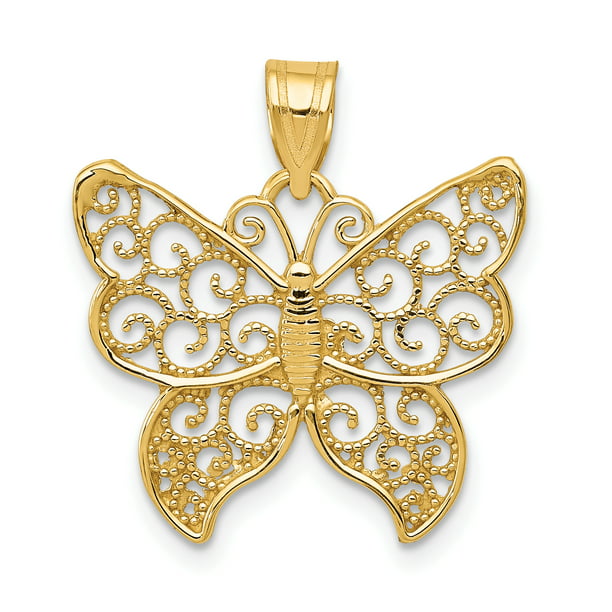 14k Yellow Gold Filigree Butterfly Pendant Charm Necklace Animal 