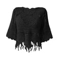 thumbnail image 5 of Boho Crochet Knit Fringe Hem Top, Women's 3/4 Sleeve Hollow Out Loose Fit Casual Poncho Blouse for Festival, Black One Size, 5 of 6