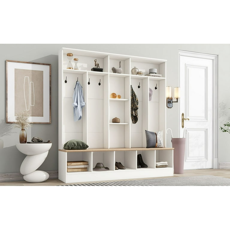Wide Hall Tree with Storage Bench Minimalist Shoe Cabinet with Cube Storage Shelves Multifunctional Coat Rack with 8 Hooks White