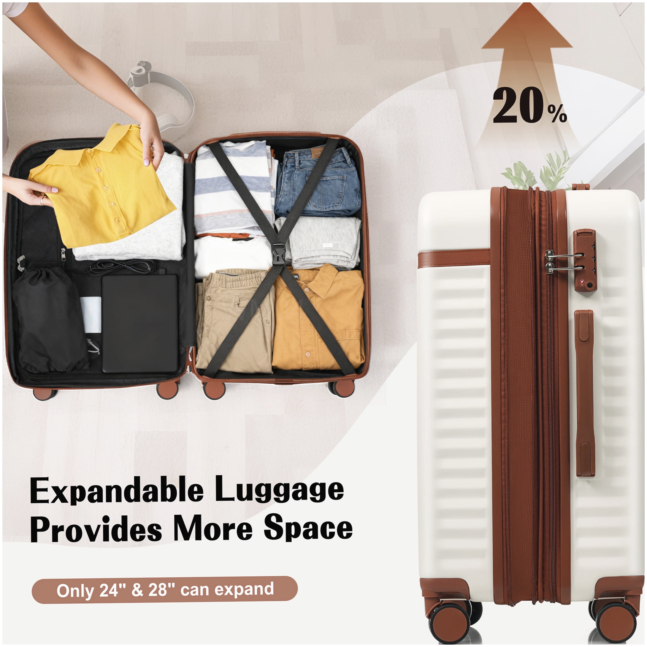 MANGIJOY Airline Approved Carry-On Luggage Set of 3 with USB Charger | ABS Hardside, Spinner Wheels, White