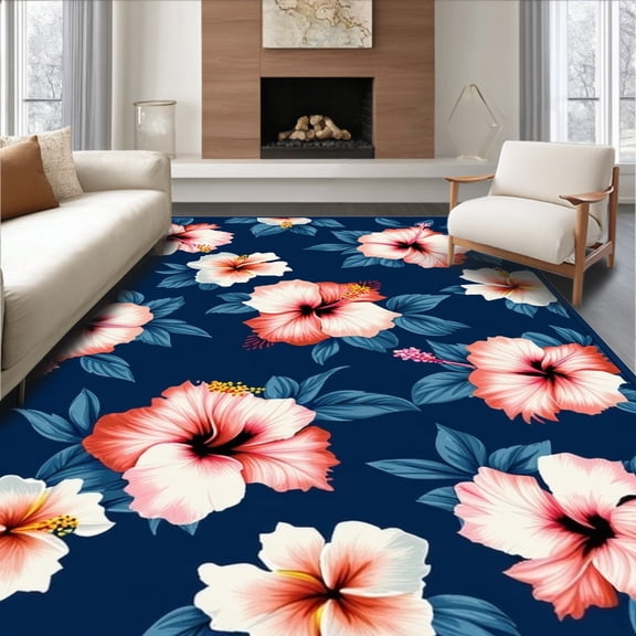 Flatwoven High Traffic Area Rug, Chic Hibiscus Patterned Design, Non Slip, Stain Resistant, Washable Area Rugs for Living Room, Bedroom(Blue, 4X6)