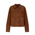 thumbnail image 6 of Women's Suede Cropped Jacket Lapel Collar Button Down Long Sleeve Casual Shacket with Pockets Vintage Fall Winter Street Outerwear Coffee, 6 of 6