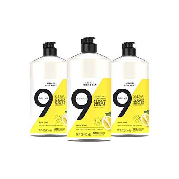 9 Elements Dishwashing Liquid Dish Soap, Lemon Scent Vinegar Cleaner, 3