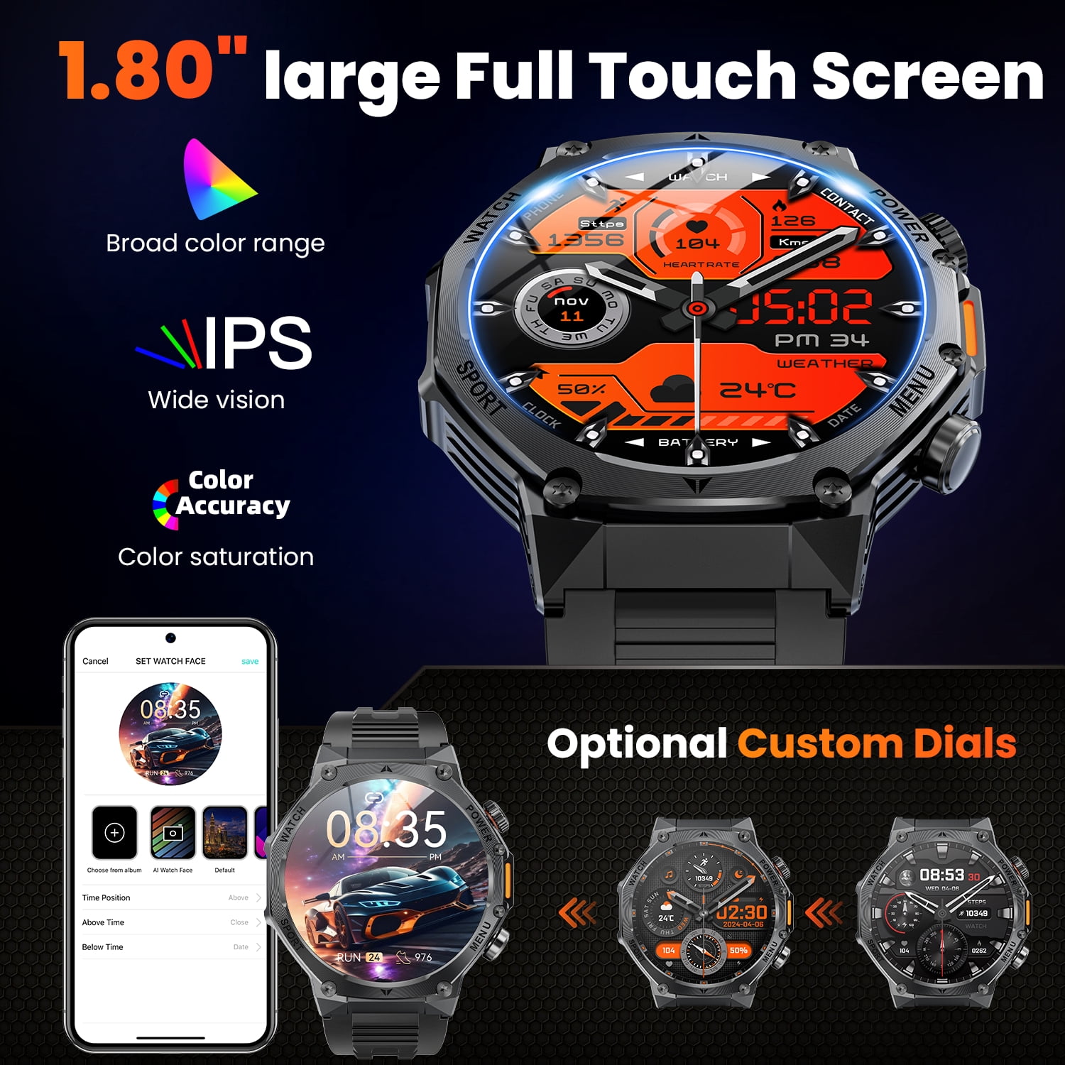 1.8-inch Military Men's Smartwatch fits for Android IPhone Devices with Fitness Tracker, Answer/Call/100 Multi-Sport Mode, IP67 Waterproof Sports Step Tracker (Black)