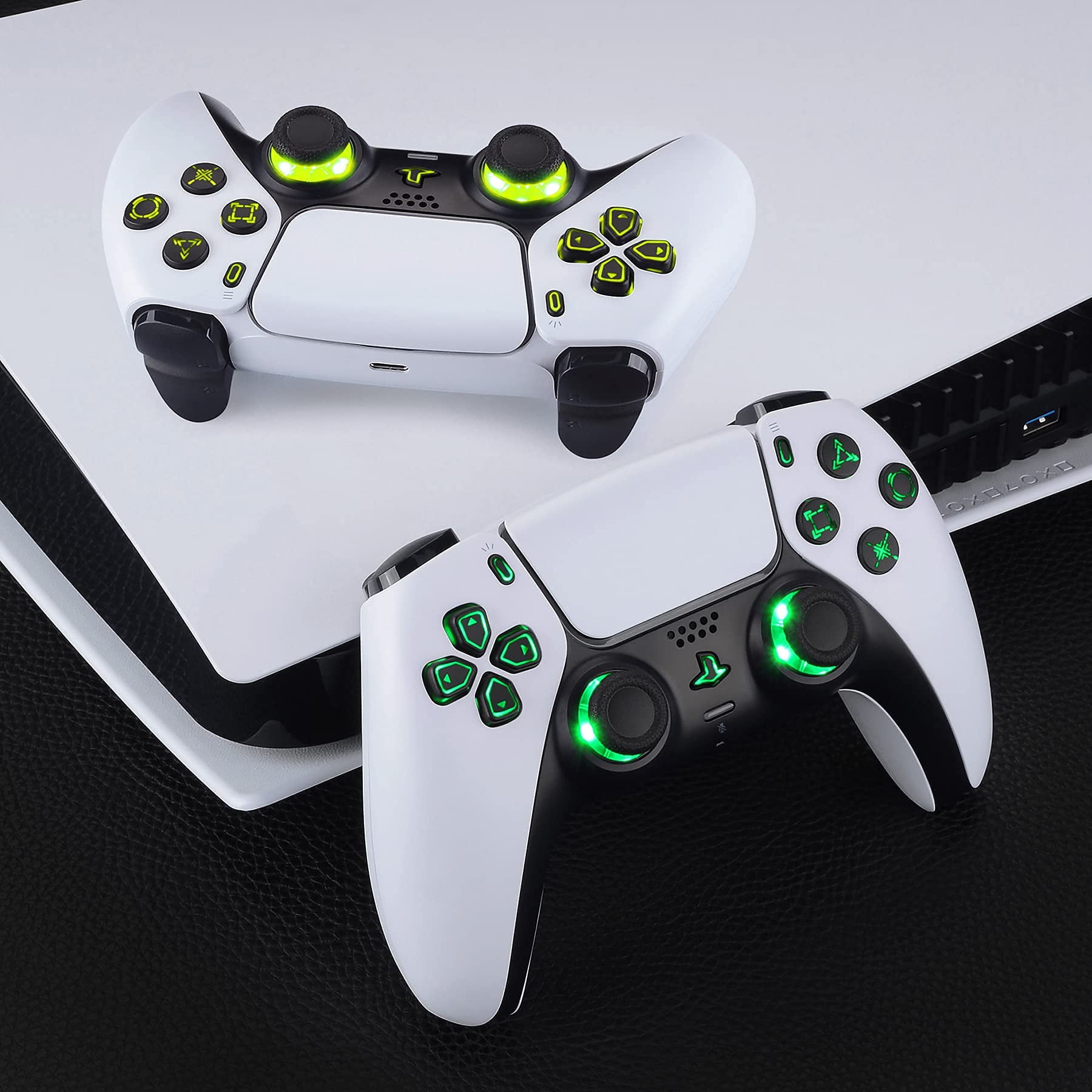 eXtremeRate Multi-Colors Luminated D-pad Thumbstick Option Face Buttons Black Classical Symbols Buttons LED Kit for PS5 Controller