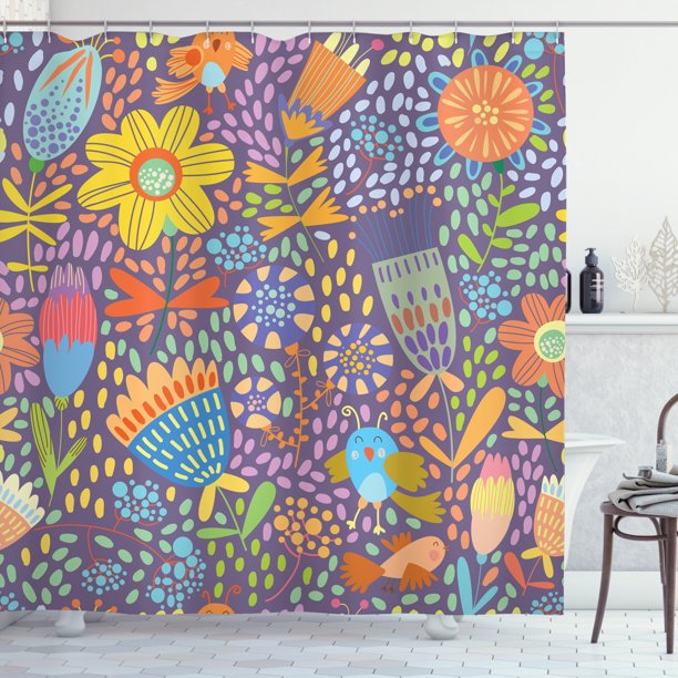 Whimsical Shower Curtain, Colorful Spotty Pattern with Lively Blossoms