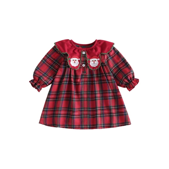 Loicainy Baby Toddler Girl Plaid Christmas Dress 6 12 18 24 Months 2T 3T 4T Santa Petal Collar Long Sleeve Dresses