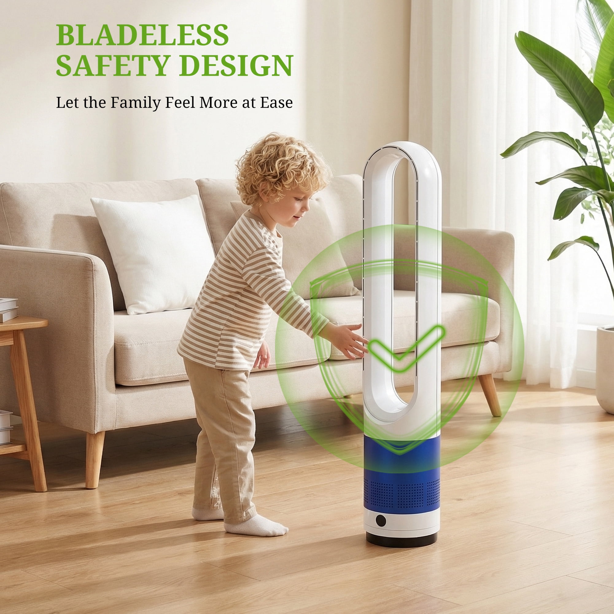 Simenmax 22'' Bladeless Tower Fan, 80° Oscillating Quiet Cooling Fan, 8 Speeds & 8H Timer, Remote Control with LED Display for Home Office Living Room,Blue