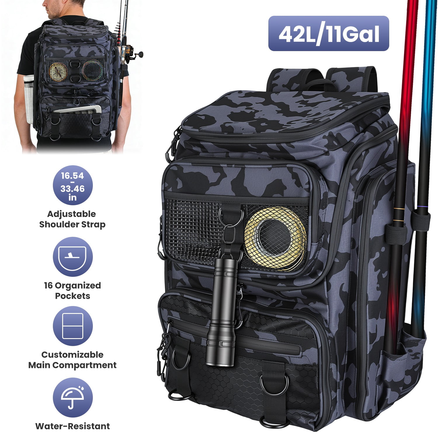 Teqhome 42L/11Gal Fishing Backpack Fishing Tackle Backpack Waterproof 16-Pocket Rod Holders Divider Adjustable Padded Straps Water-Resistant for Fishing Gear Outdoor Camping Hiking