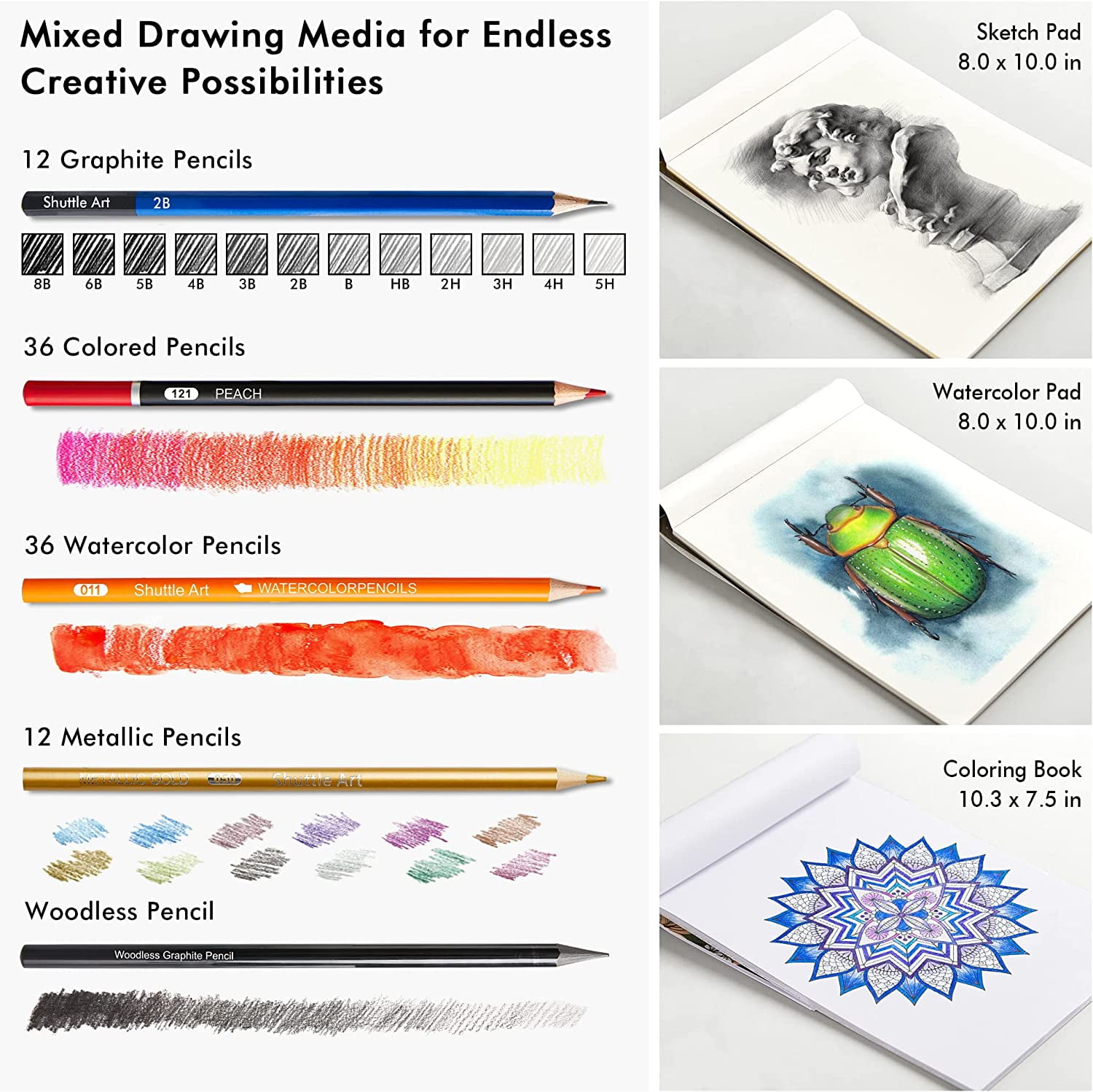 Shuttle Art 123 Pack Art Pencil Set, 36 Watercolor Pencils,36 Oil Based Pencils,12 Sketch Pencils,12 Metallic Color Pencils,12 Charcoal Pencils,15 Pieces Drawing Kit, Great Gift