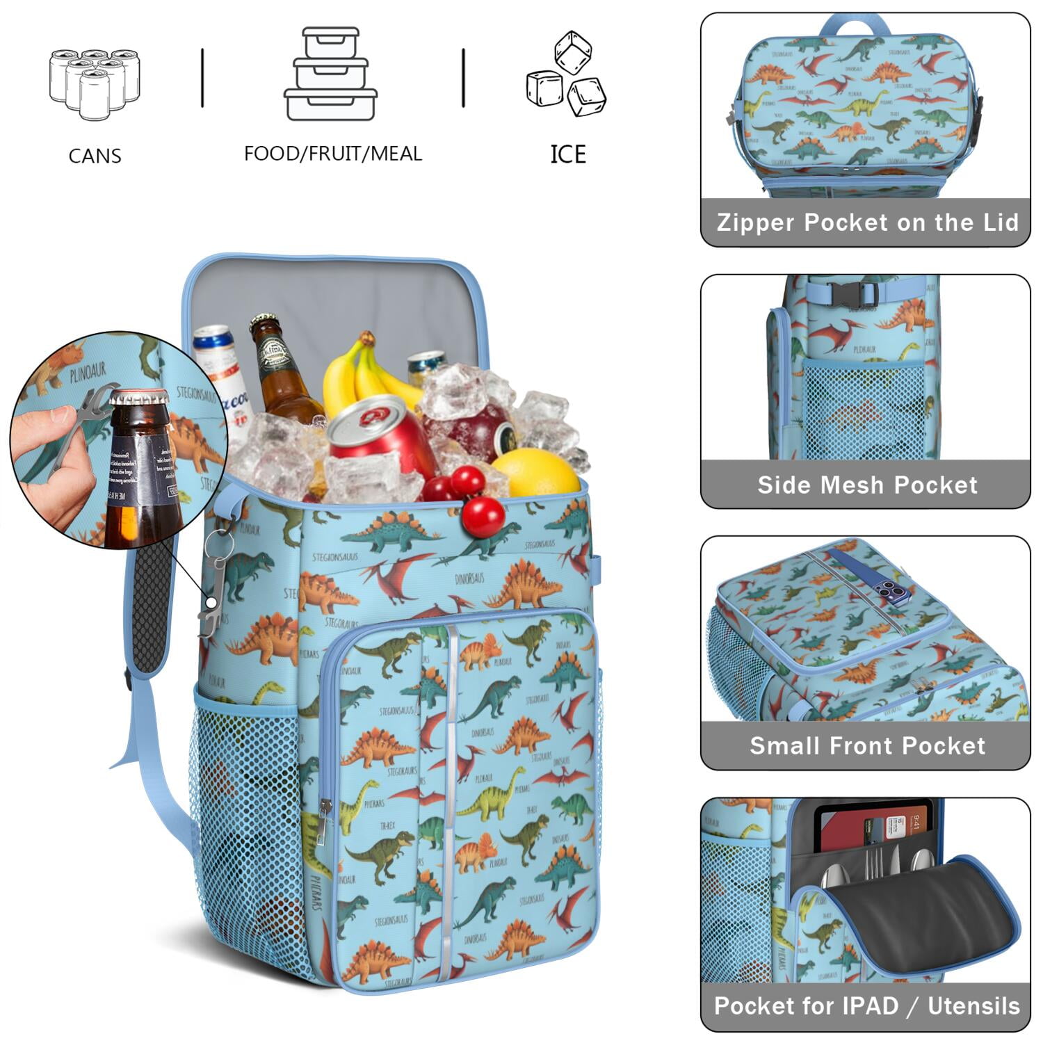 Travel Cooler Bag - Blue Cartoon Dinosaurs Names Pattern Camping Beer Cooler Backpack with Bottle Opener- Waterproof Insulated Picnic Backpacks - Cooler Bag for Beach