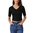thumbnail image 1 of Camiseta básica casual de mujer con cuello en V, de manga corta, elástica y ligera, talla S, color negro, 1 of 6
