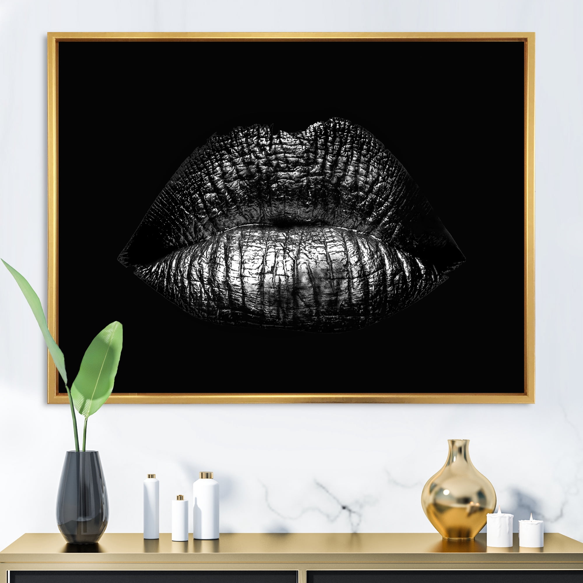 Designart 'Sexy Golden Metallized Woman Lips I' Modern Framed Canvas Wall Art Print