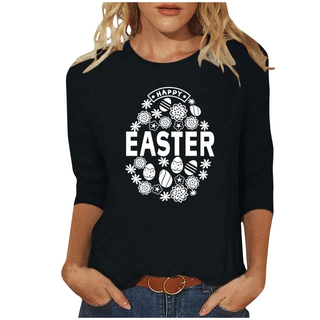 RKSTN Hauts Grande Taille pour Femmes Ufs de Pâques Mignons Imprimés Lapin Coupe Ample Col Rond Manches 3/4 Printemps Été Blouse Douce