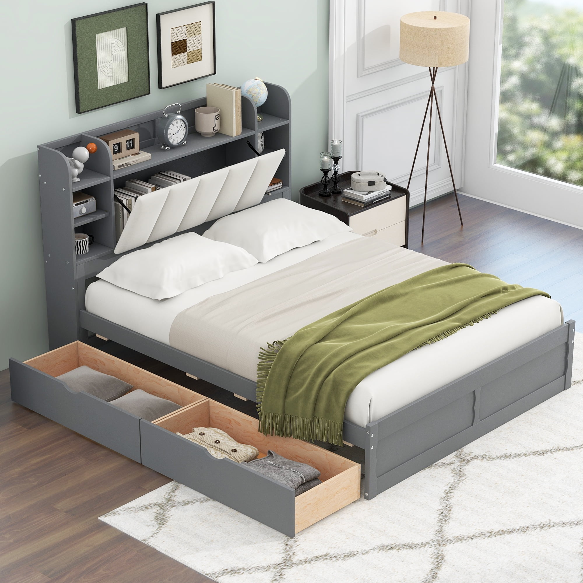 Euroco Wood Queen Size Platform Bed with Storage Headboard and 2 Drawers for Kids and Adults Bedroom, Gray