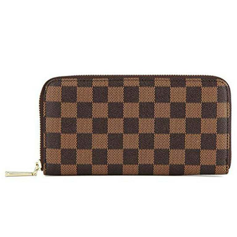 Checkered Zip Around Wallets for Women, Lady Phone Clutch Holder, PU Leather  RFID Blocking with Card Organizer, Brown 