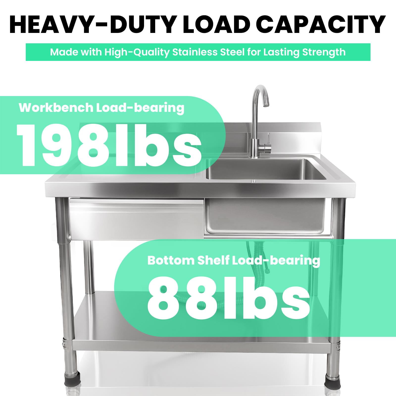 Stainless Steel Utility Sink, 40 Inch Free Standing Single Bowl Kitchen Sink with Drawer & Cold and Hot Water Pipe, Freestanding Single Bowl Laundry Sink for Outdoor & Workshop
