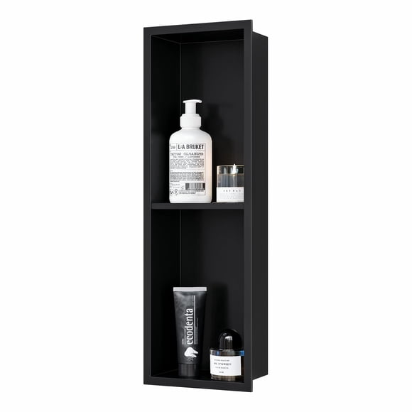 Qeke Nicho de ducha de acero inoxidable 24 "" X 8 "" No se necesitan azulejos Nicho de pared Estantes dobles Ducha de nicho empotrada para almacenamiento en el baño Negro mate