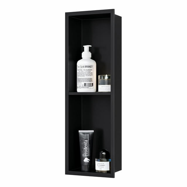 Qeke Nicho de ducha de acero inoxidable 24 "" X 8 "" No se necesitan azulejos Nicho de pared Estantes dobles Ducha de nicho empotrada para almacenamiento en el baño Negro mate