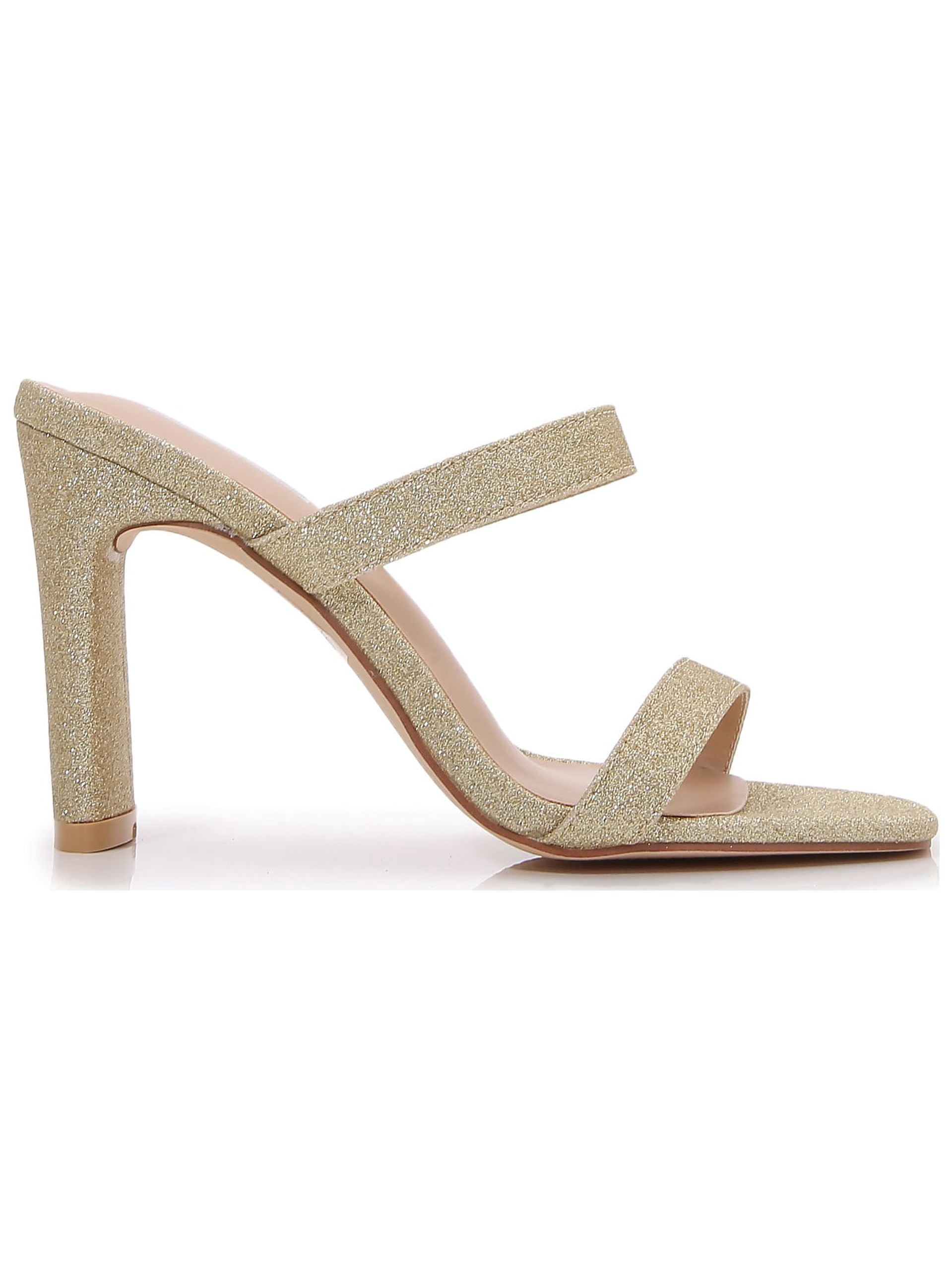 Women Double Strap High Chunky Heeled Slip On Slide Sandals (Double Glitter Gold, 11)