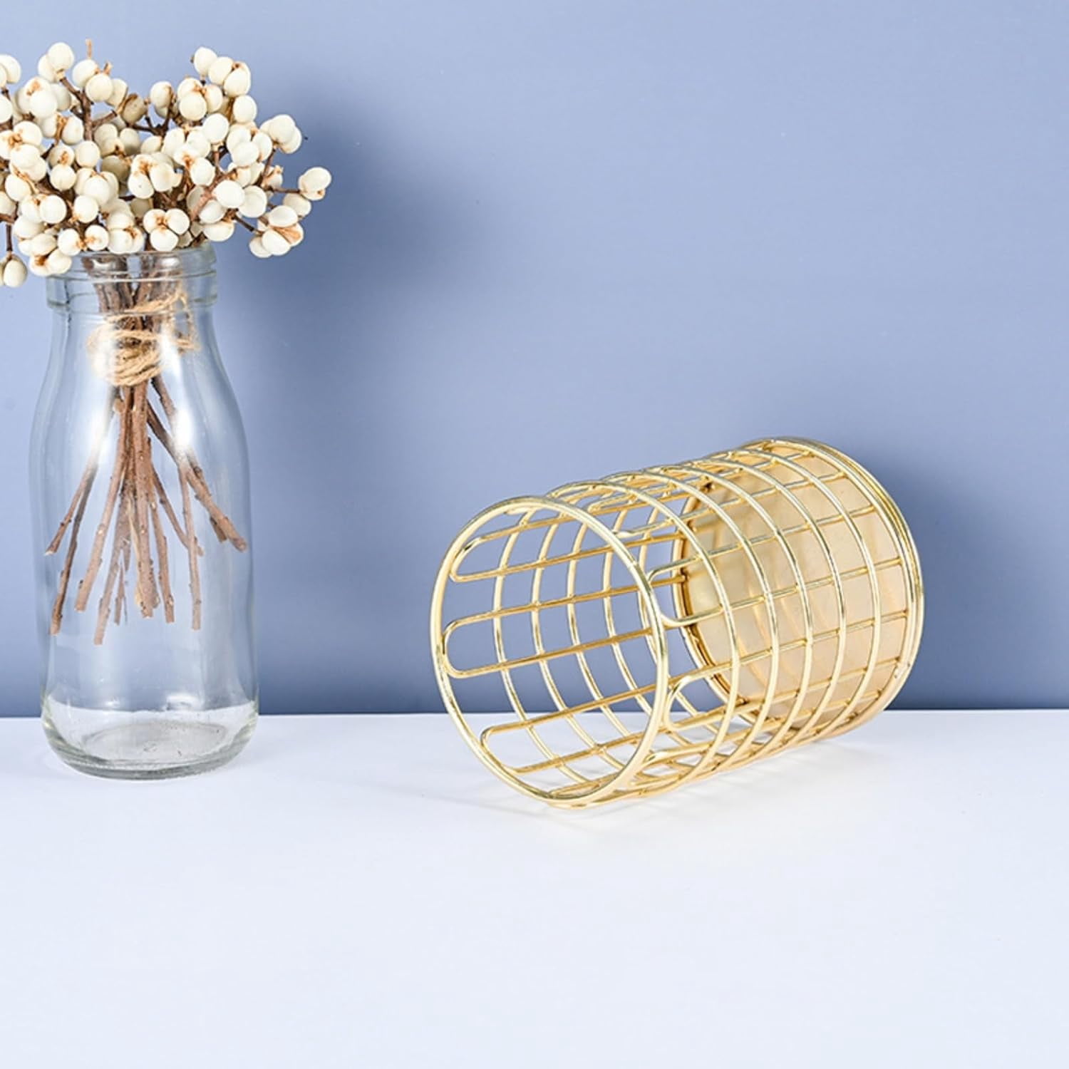 ABPETE Pencil Cup,Pen Holder, Wire Metal Pencil Holder, Decorative Desk Storage Organizer Container for Stationery and Desk Accessories (Gold 2,2-PACK)