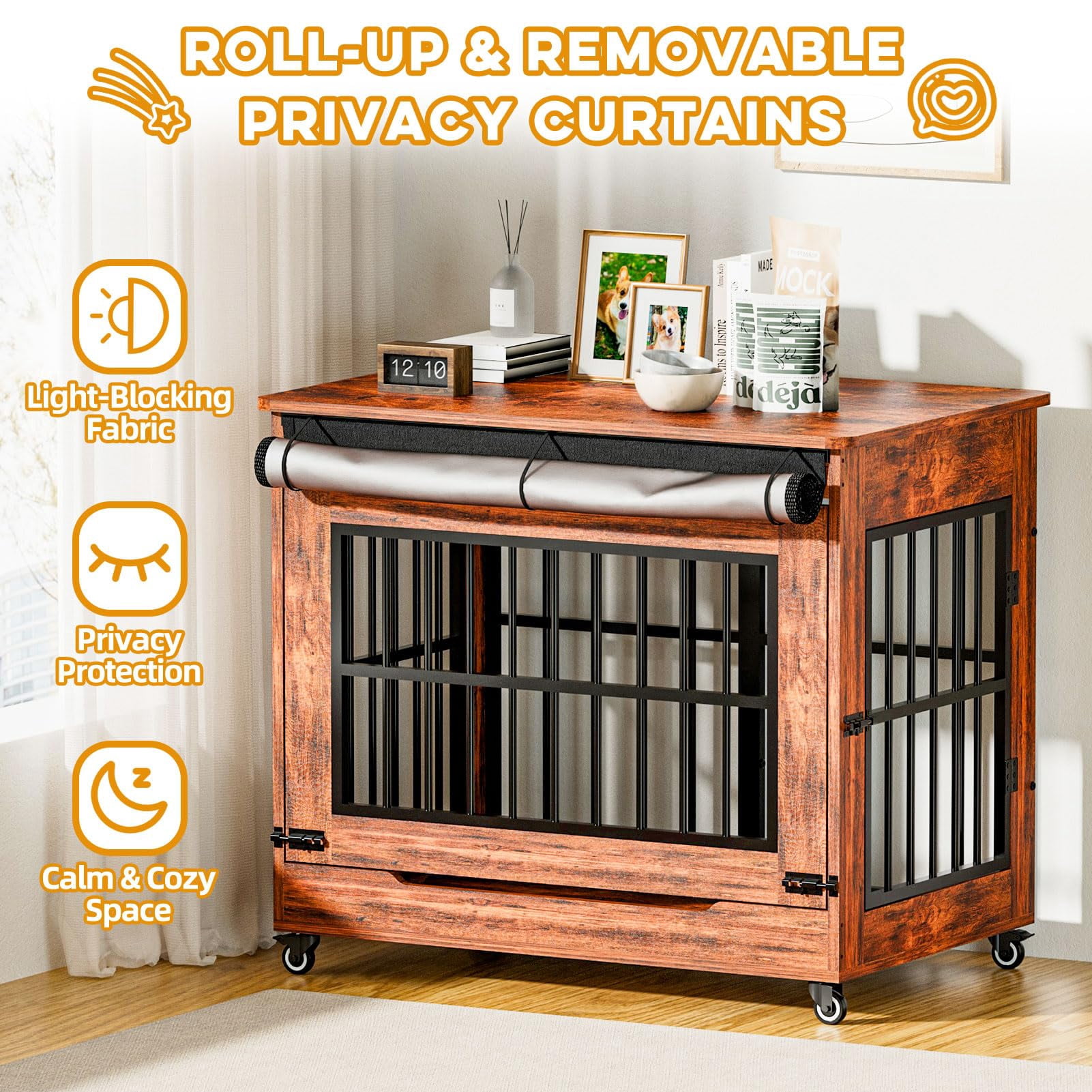 38" Dog Crate Furniture, Double Door Pet Cage End Table with Wheels for Medium and Large Breed Dogs