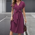 thumbnail image 2 of CIENVNSTG Womens Dresses Mid Length Dresses a Line Vestidos Slim Fit V Neck Short Sleeve Tight Waist Elegant Splice Lace Up Bow Summer Dress Cover Up Formal Purple S, 2 of 7