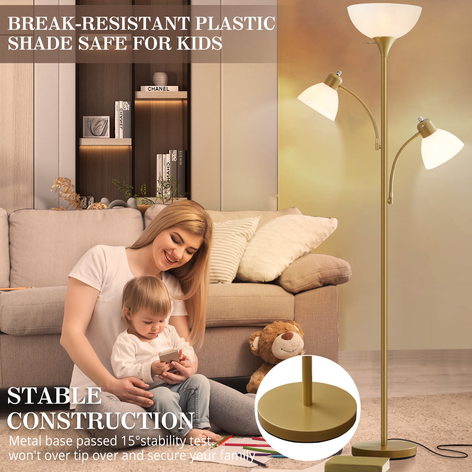 NATYSWAN Torchiere Floor Lamps for Living Room, 3 Light Tree Floor Lamp, Gold Modern Tall Standing Lamps, Industrial Bright Floor Lamp for Bedroom, Office, Dresser, 3 LED Bulbs Included