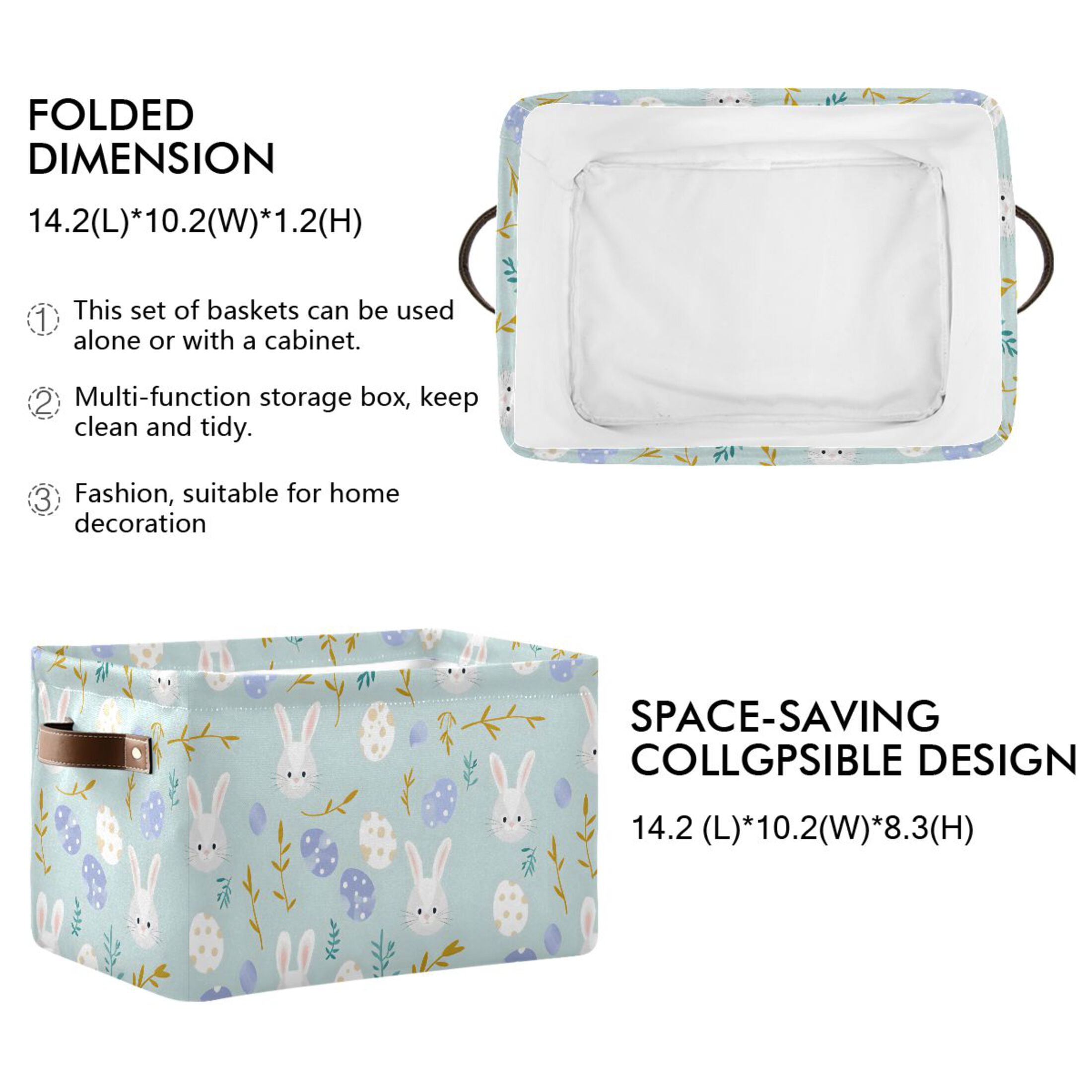 Easter Egg and Bunny Rabbit Storage Bins with Handle Fabric Organizer Basket Foldable Box 2 Pack 14.2x10.2x8.3