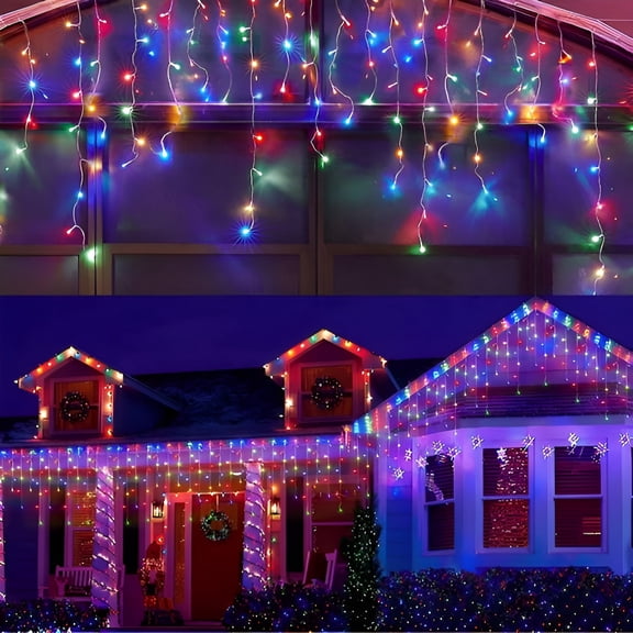 VOLIVO Outdoor String Lights, 33ft Multi-Color Icicle Lights with 360 LEDs, 60 Drops Ice Cycle String Lights, 8 Modes for Fireplace and Wedding Decorations