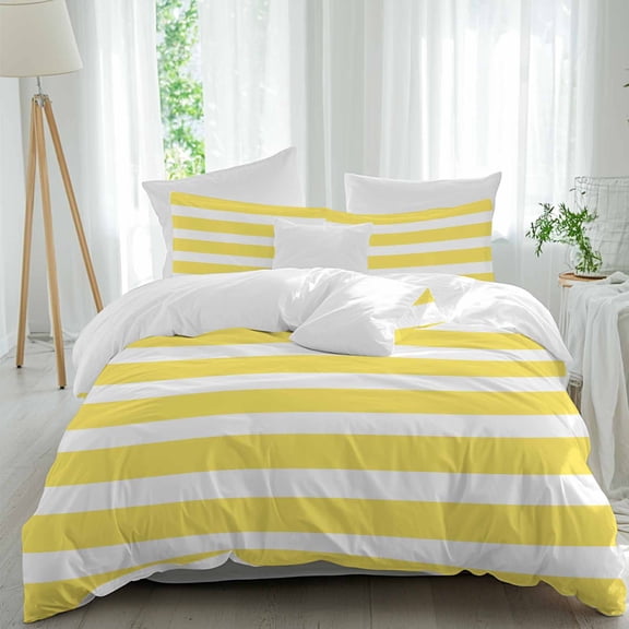3 Piece Yellow Striped Duvet Cover Set California King,Microfiber Comforter/Quilt Cover with Corner Ties and 2 Pillowcases,Modern Simple Monochrome Geometric White Soft Bedding with Zipper Closure