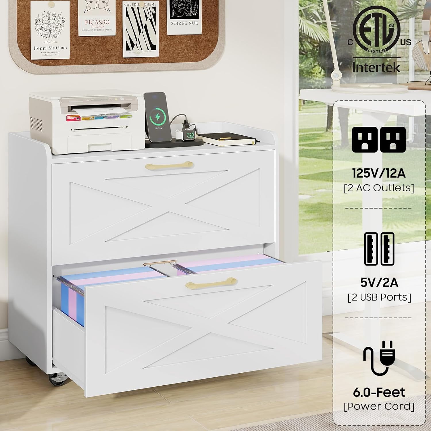 2 Drawer Lateral File Cabinet, Mobile Filing Cabinet with Charging Station for Letter/Legal/A4 Size Hanging Files, Modern Farmhouse File Storage Cabinet with Wheels for Home Office, Simple White