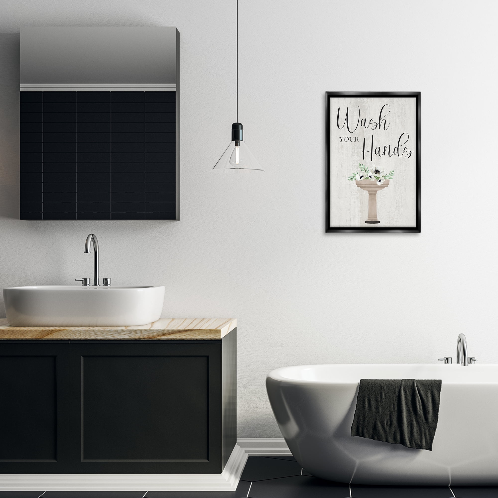 Stupell Industries Wash Your Hands Poppies Bath & Laundry Painting Black Floater Framed Canvas Art Print Wall Art, 17 x 25