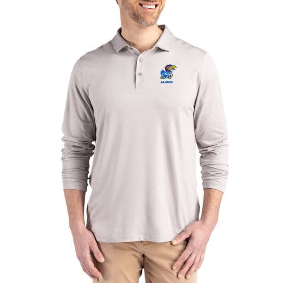 Men's Cutter & Buck Gray Kansas Jayhawks Alumni Coastline Epic Comfort Long-Sleeve Polo