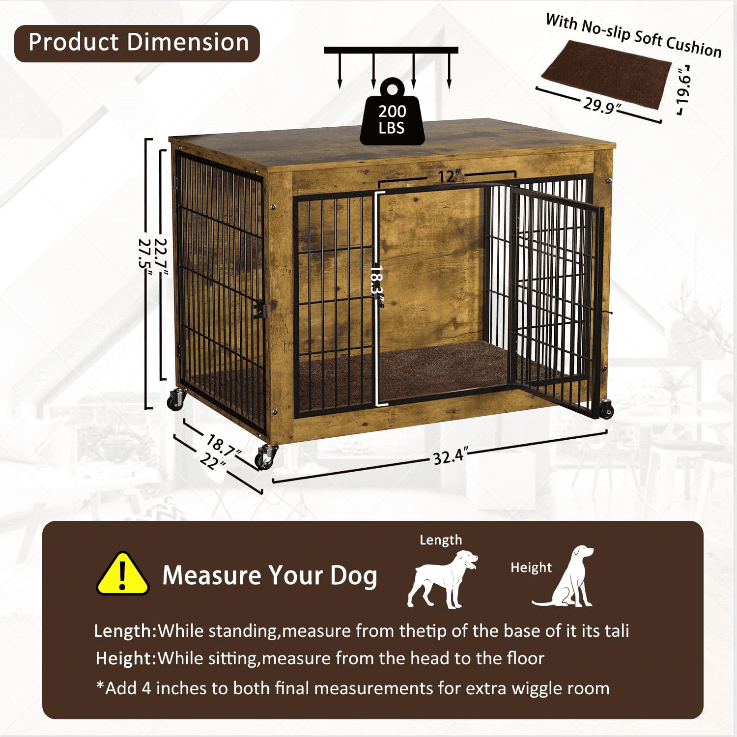 Waleaf Dog Crate Furniture with Cushion, Double Doors Wooden Dog Kennel Indoor with Wheels