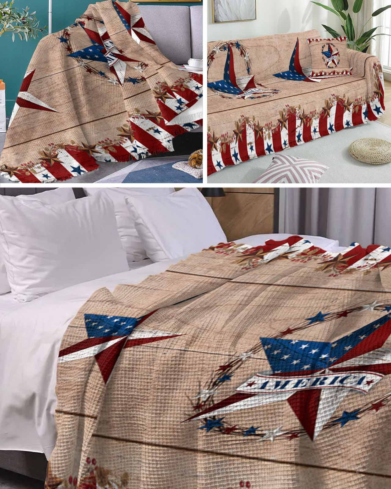 Independence Day Sofa Couch Covers for Dog,Washable Sofa Throw Cover Single Slipcovers for Armchair with Tassels,American Flag Country Style Star Couch Protector Towel Blanket Medium 71''x91''