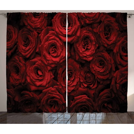 Dark Red Curtains 2 Panels Set, Image of Red Roses with Drops of Water Blooming Bouquet Symbol of Love and Passion, Window Drapes for Living Room Bedroom, 108W X 96L Inches, Red Black, by