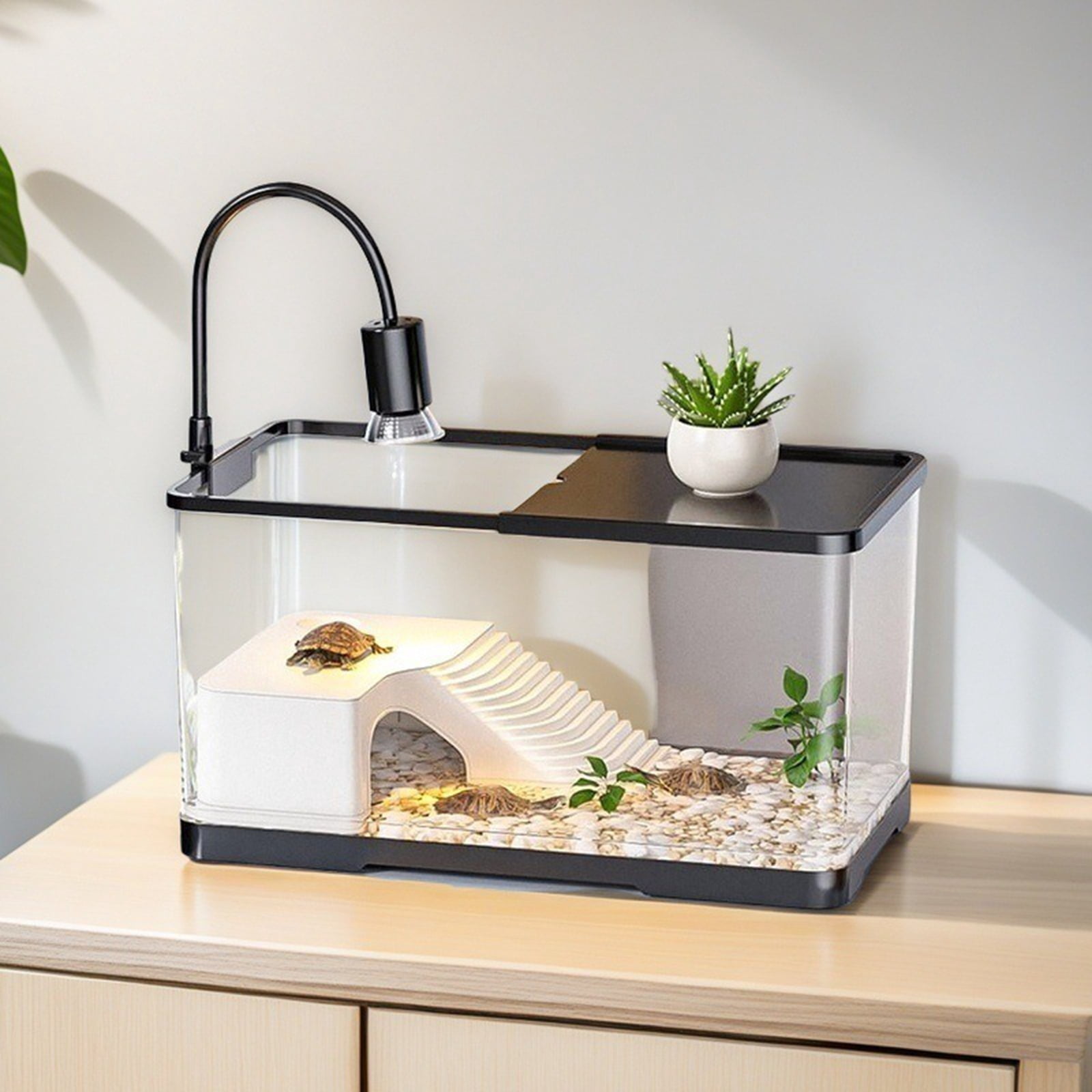 Fmxomd Turtle Tank, Turtle Aquarium with Basking Platform and Bottom Drainage, for Turtles, Crayfish, Crabs, Amphibians, Reptiles