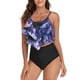 thumbnail image 1 of Traje de baño para mujer, estampado de moda, 2 piezas, doble capa, traje de baño con volantes para mujer, para verano, playa, natación, Top morado con tinte anudado, pantalones cortos negros XXL, 1 of 5