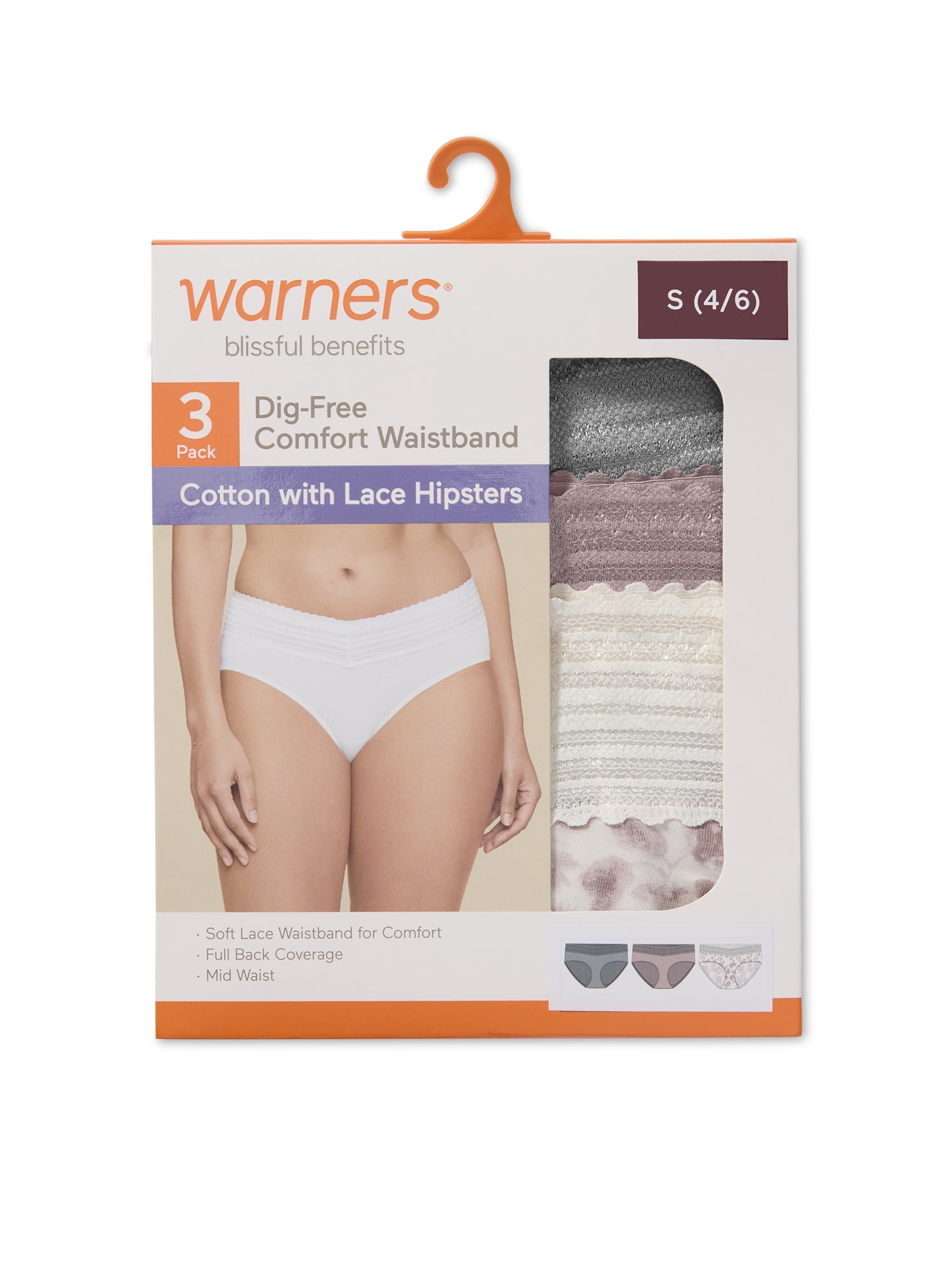 Warners® Blissful Benefits Women's Dig-Free Comfort Mid Waist Cotton Hipster with Lace 3-Pack S-3XL