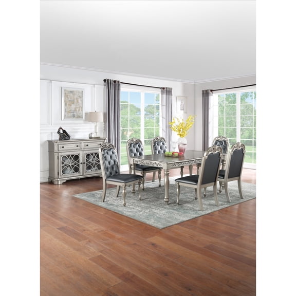 Newboti Furniture Traditional Formal Silver / Grey Finish 7pc Dining Set Table w 6x Side Chairs Rubber wood Intricate Design Tufted back Cushion Seat Dining Room Furniture BN.7581