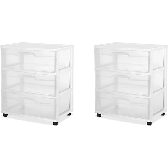 MiSHOP Wide 3 Drawer Storage Cart, Plastic Rolling Cart with Wheels to Organize Clothes in Bedroom, Closet, White with Clear Drawers, 2-Pack