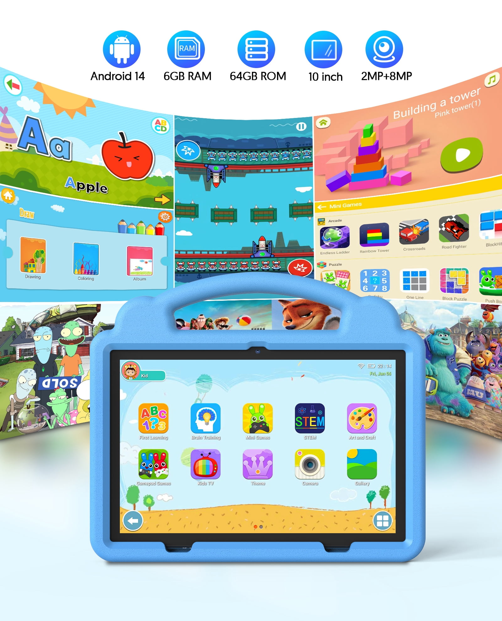 PUTECCH Kids 10 Tablet, Android 14 Tablet for Kids, Parental Control Pre-Installed Education Apps, 6GB RAM 64GB Storage, 6000mAh, WiFi 6, EVA Shockproof Case - Blue
