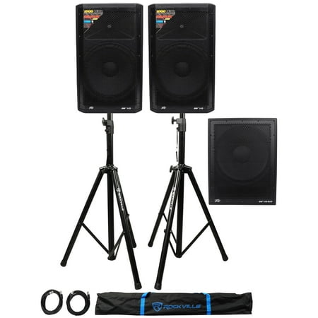 (2) Peavey DM 115 15" 1000W Powered PA Speakers+18" Subwoofer+Stands+Cables+Bag