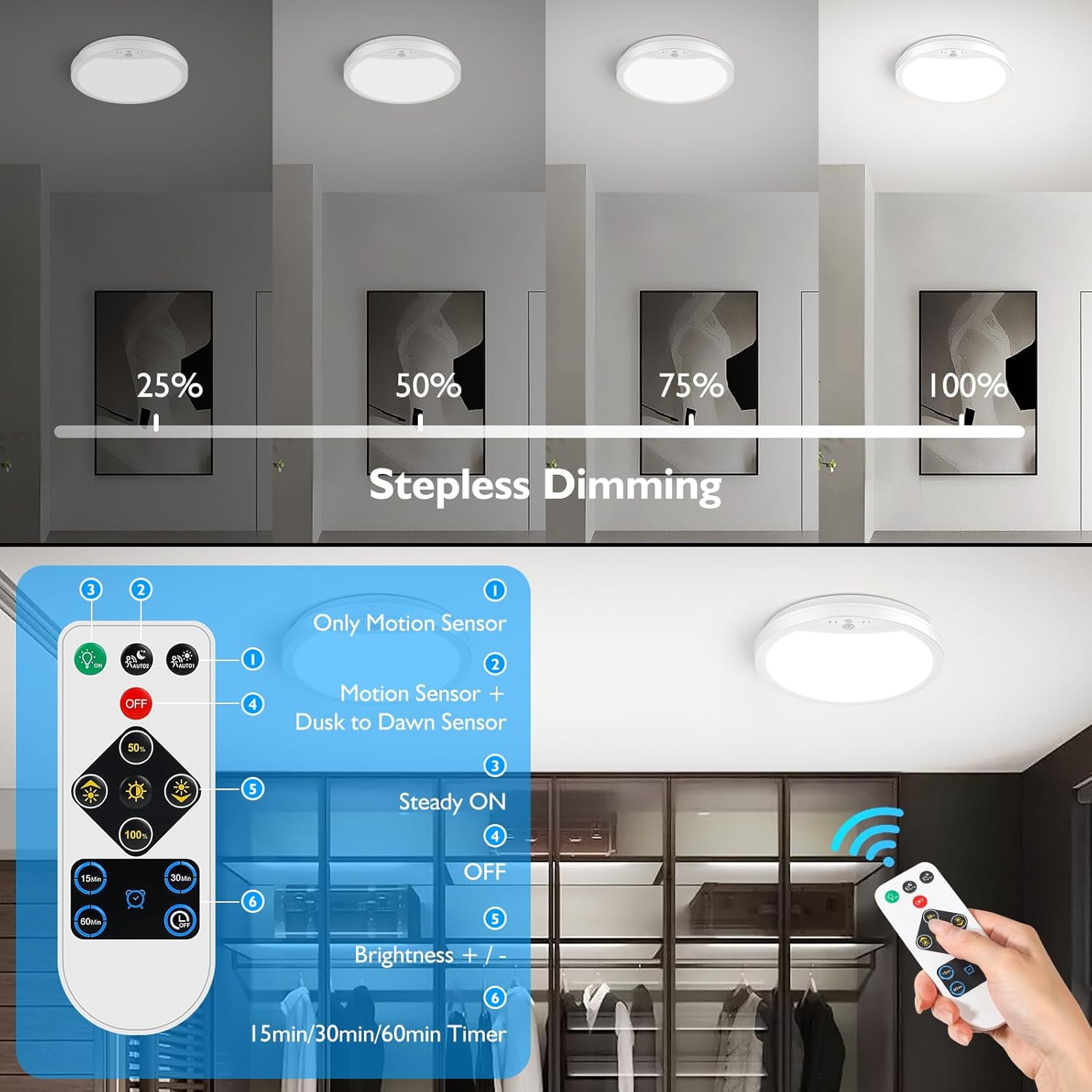 2-Pack 9"  3 Color Temperatures Rechargeable Motion Sensor Ceiling Lights with Remote