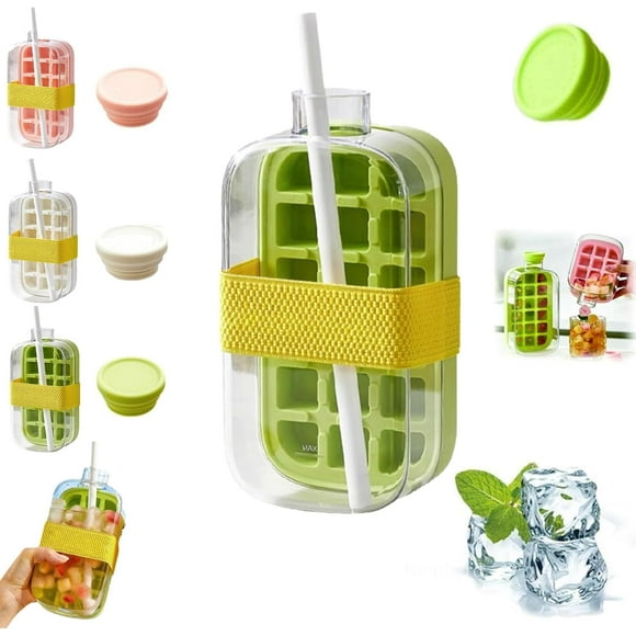 My Crush Cup Ice (17/28 oz), Easy Ice Press to Release, 2-In-1 Cool Summer Ice Bottle Cup with Straw, Touch Free Ice Cube Trays with Lid for Freezer Making Bottle (Green, 17 oz)