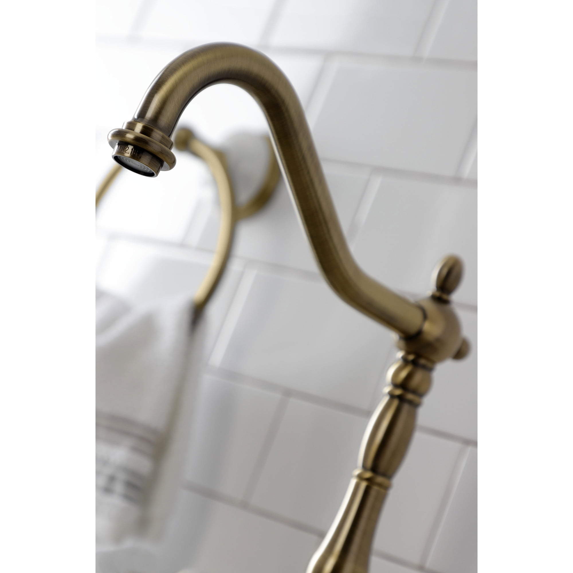 Kingston Brass KS7753ALBS English Country Two-Handle 3-Hole Deck Mount Bridge Kitchen Faucet with Brass Side Sprayer in Antique Brass